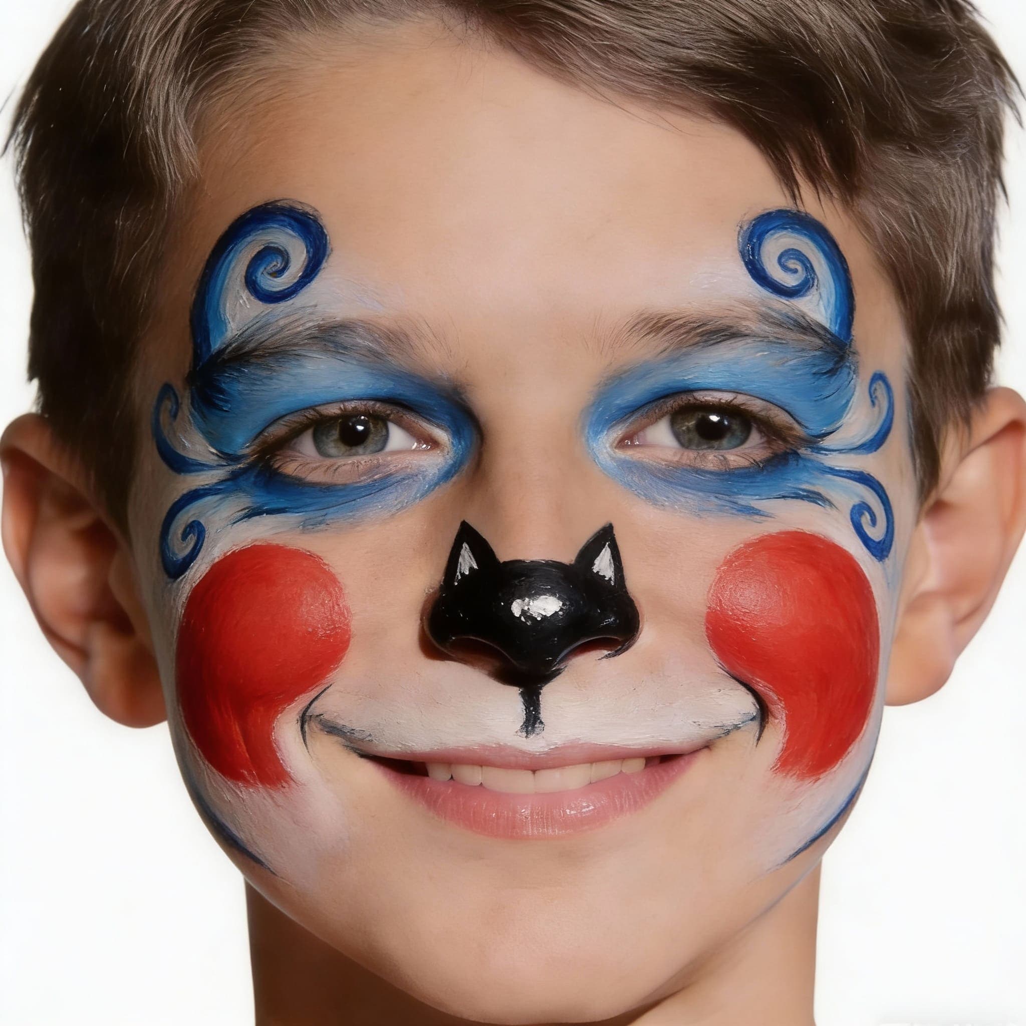 Face paint of a cute fox, blue swirls on forehead, red cheeks, black nose tip, whiskers, playful style, on a boy's face