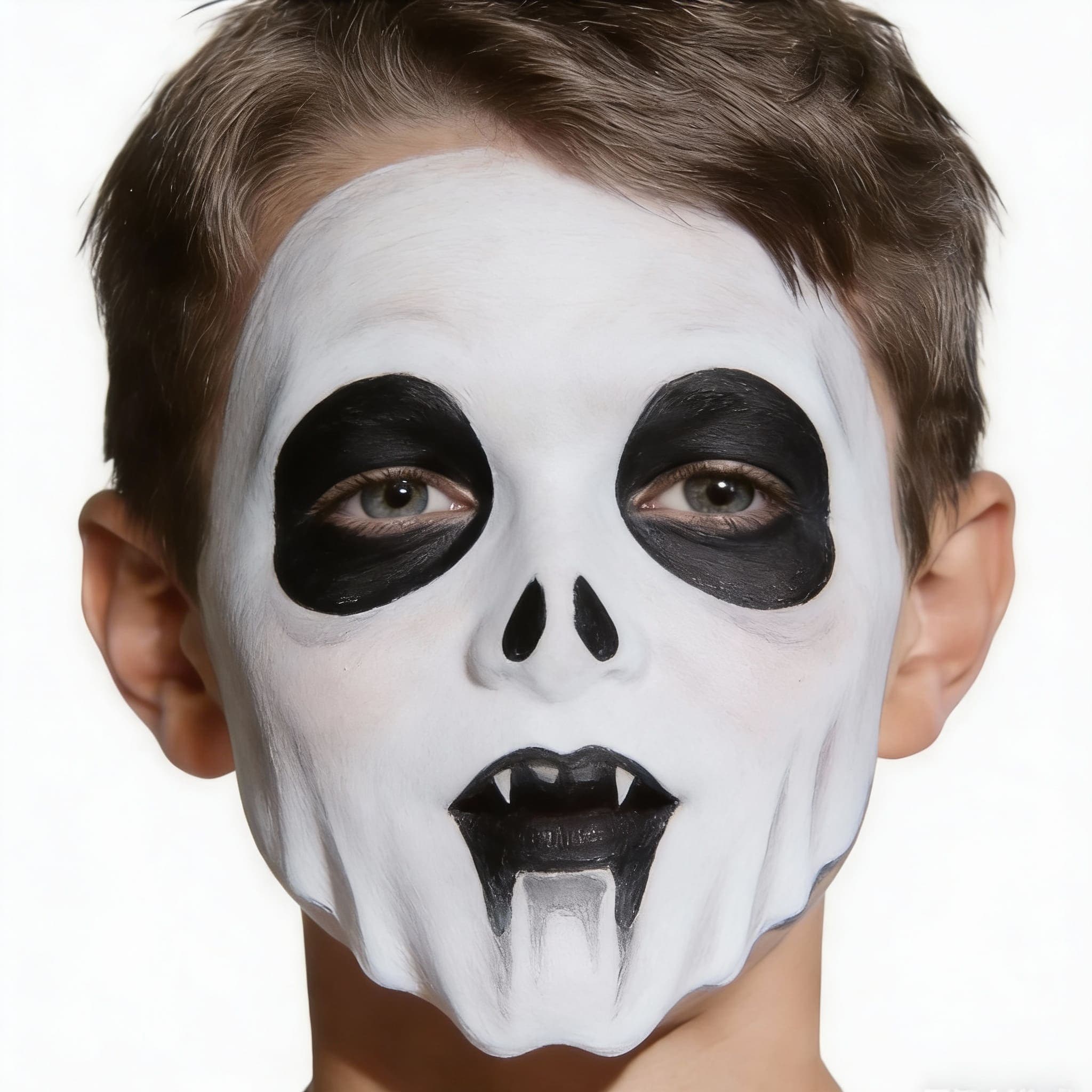 Face paint of a skeleton skull, white base, black eye sockets, vampire teeth detail on chin, spooky halloween style, on a boy's face