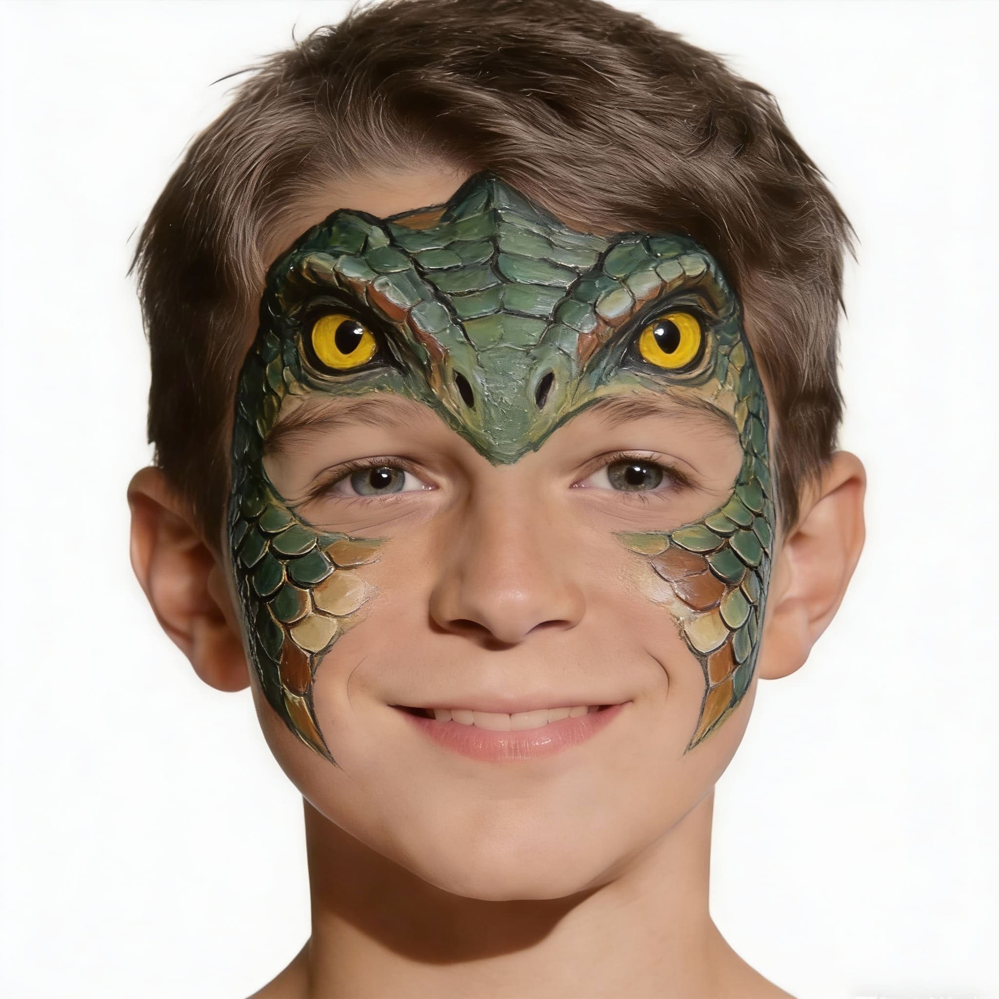 Face paint of a green snake scales, reptile skin texture, yellow snake eyes on forehead, realistic style, green and brown colors, on a boy's face