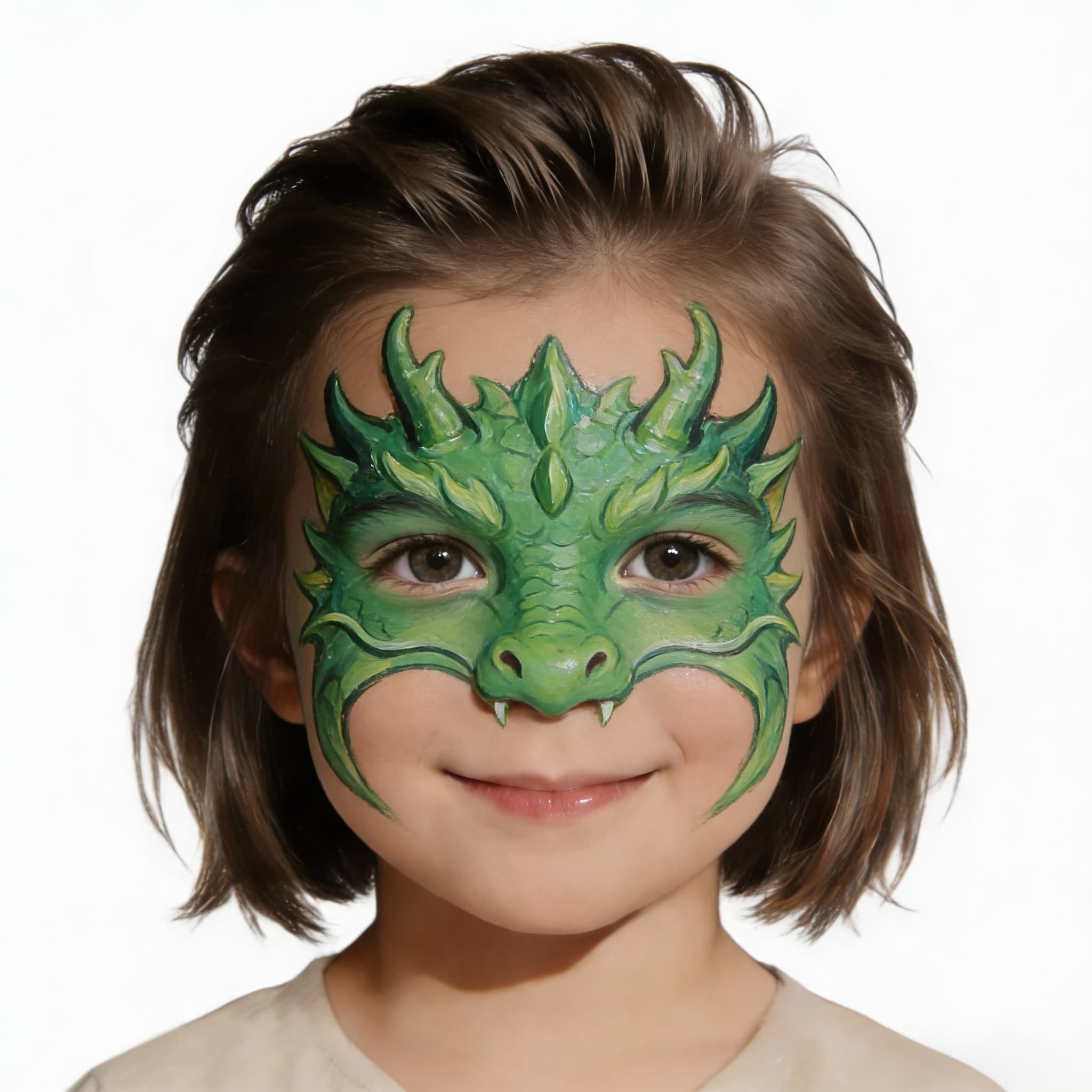 Face paint of a pirate, black eye patch, painted beard and mustache, ship tattoo on cheek, on a child's face
